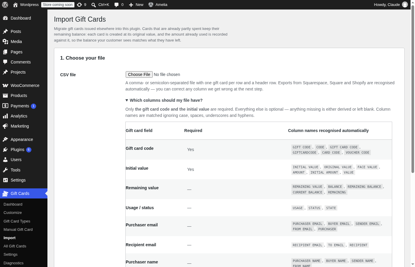 Importing gift cards from a CSV file